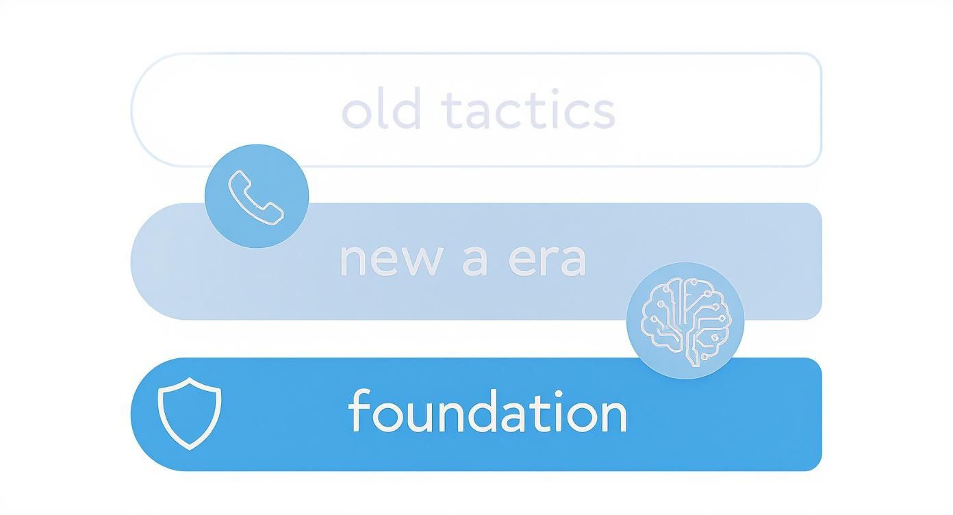 Infographic about services lead generation showing the evolution from old tactics to a new era built on a solid foundation.