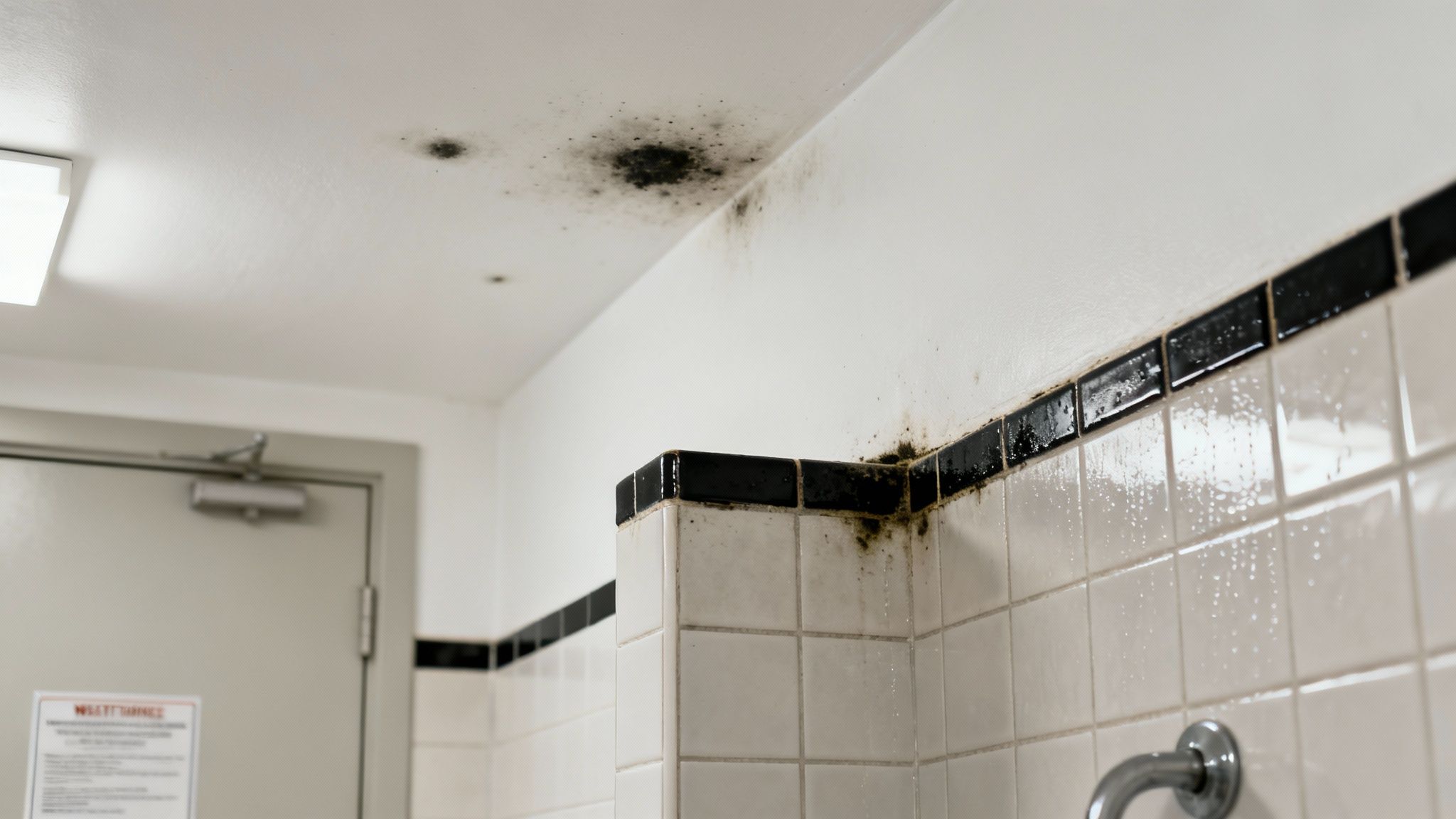 Severe black mold growth visible on bathroom ceiling, white walls, and tiled shower area.