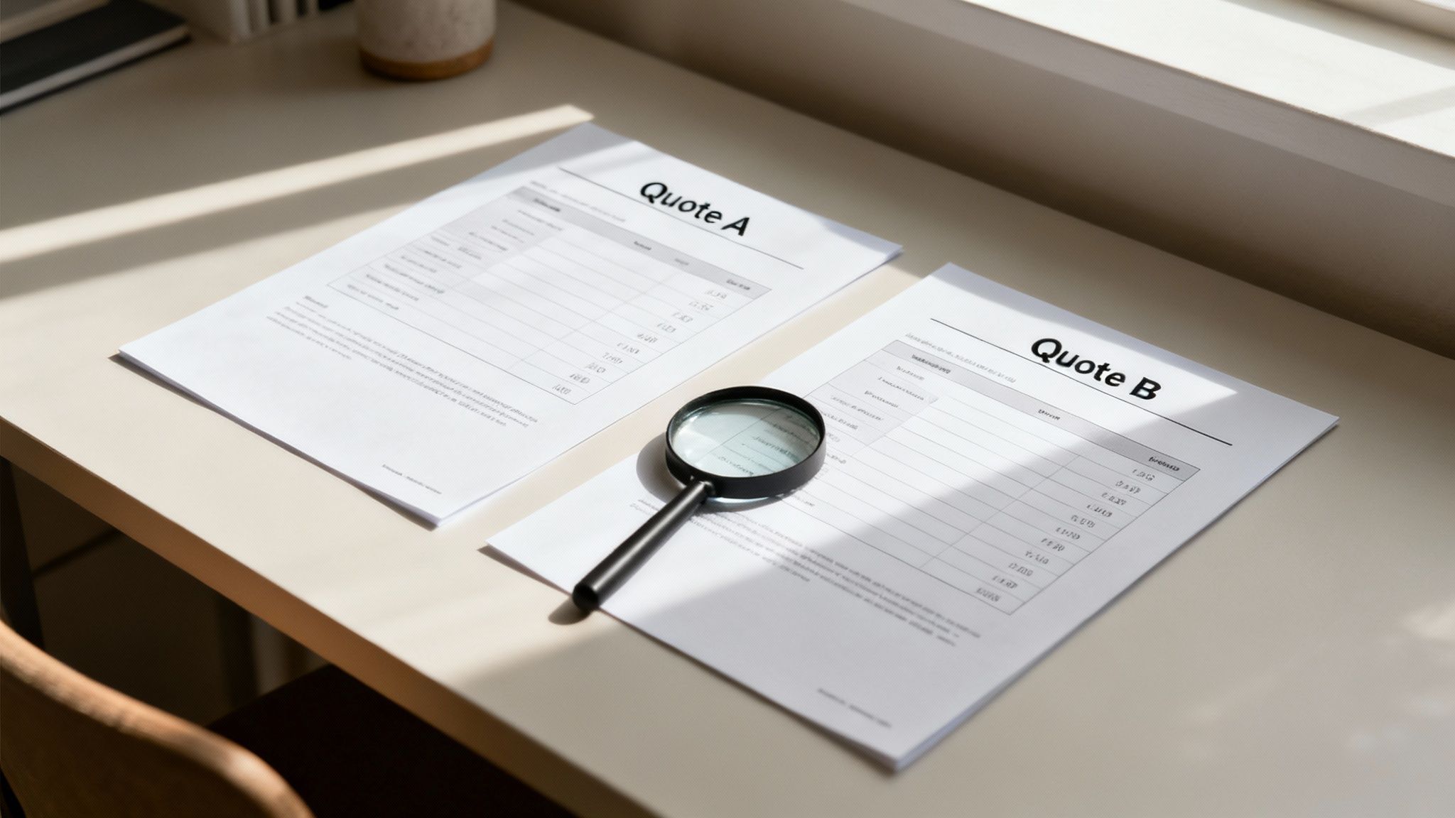 Two business quotes labeled A and B on desk with magnifying glass for comparison