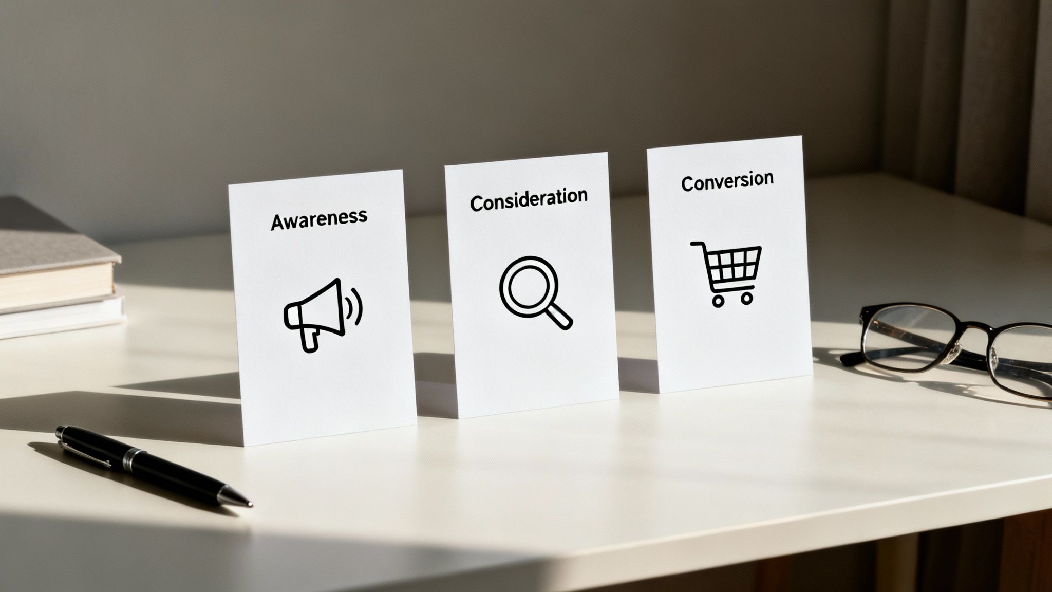 Three cards depict the marketing funnel stages: Awareness (megaphone), Consideration (magnifying glass), and Conversion (shopping cart) on a desk.