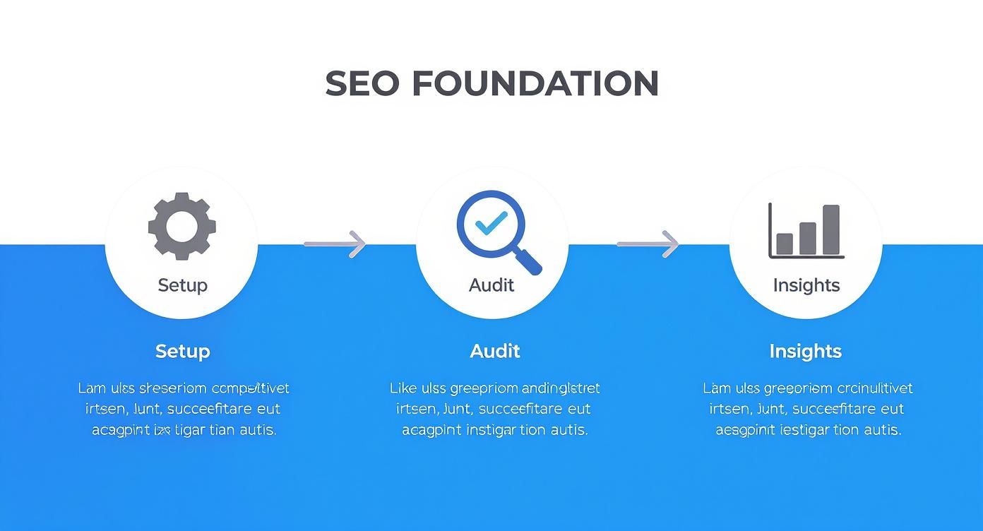 Three-step SEO foundation process showing setup, audit, and insights stages with icons and descriptions