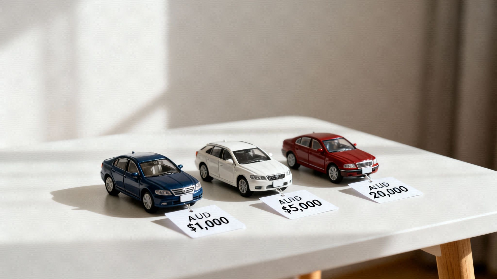 Three toy cars, blue, white, and red, displayed with increasing price tags on a white table.
