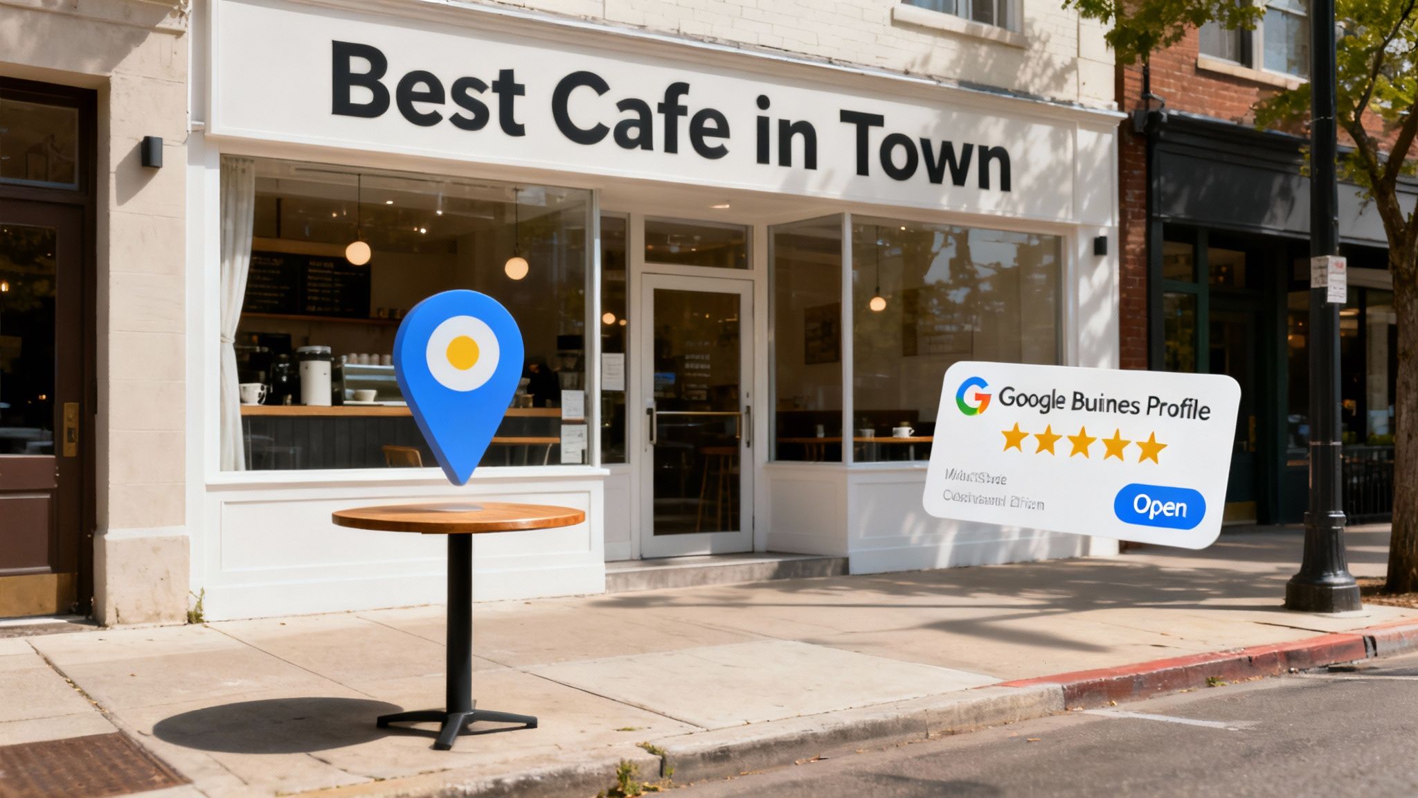 A charming cafe named 'Best Cafe in Town' featuring a Google Business Profile pop-up and a map pin.