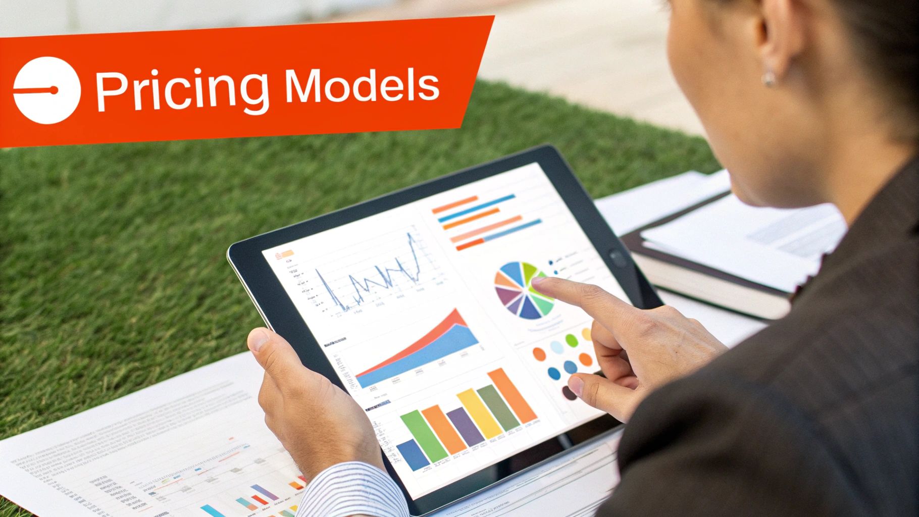 A professional discussing different SEO pricing models with a client, pointing to charts on a screen.
