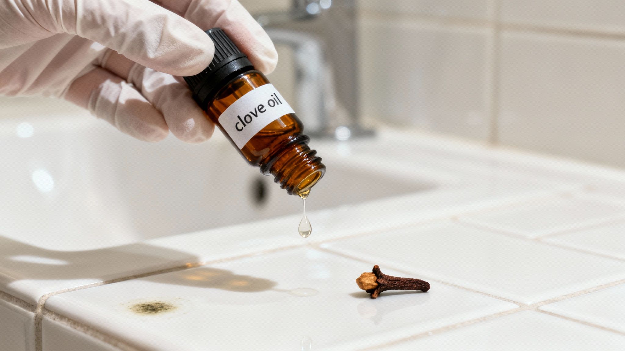 A small bottle of clove oil next to fresh cloves, representing a natural solution for mould.