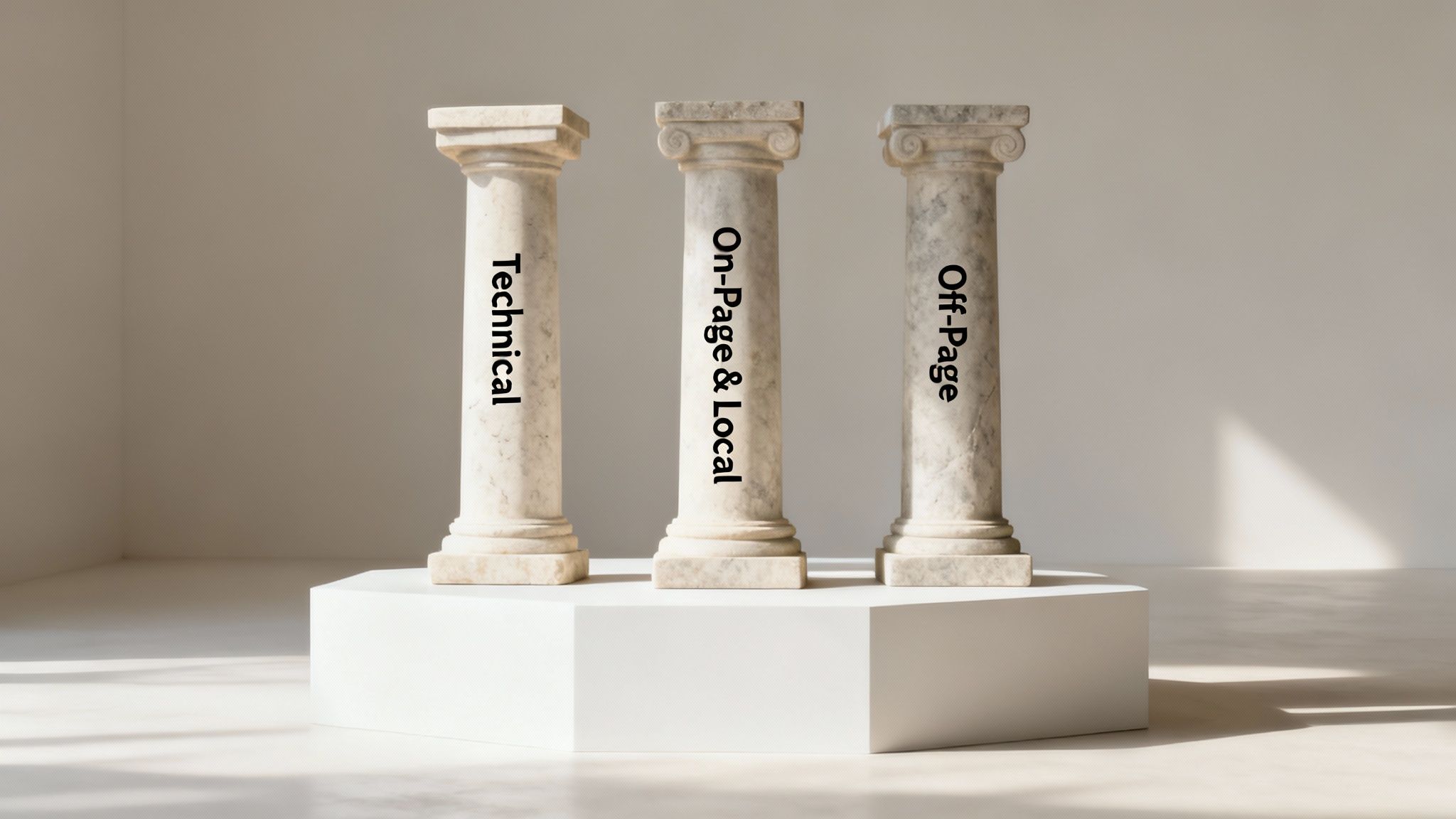 Three marble pillars labeled Technical, On-Page & Local, and Off-Page representing the pillars of SEO.