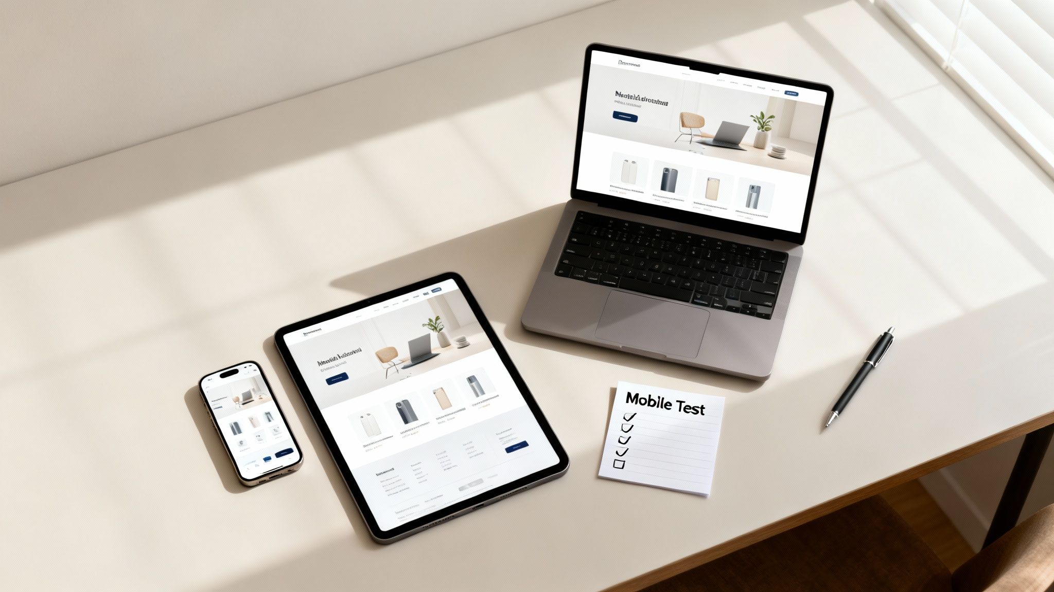 Responsive website design shown on a laptop, tablet, and smartphone, alongside a 'Mobile Test' checklist.