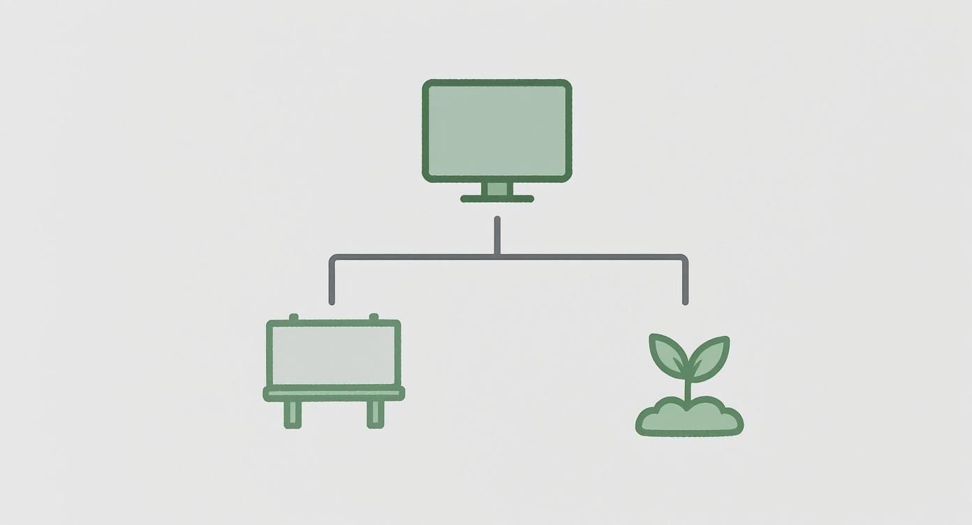 A green icon diagram showing a computer connected to a whiteboard and a small plant.