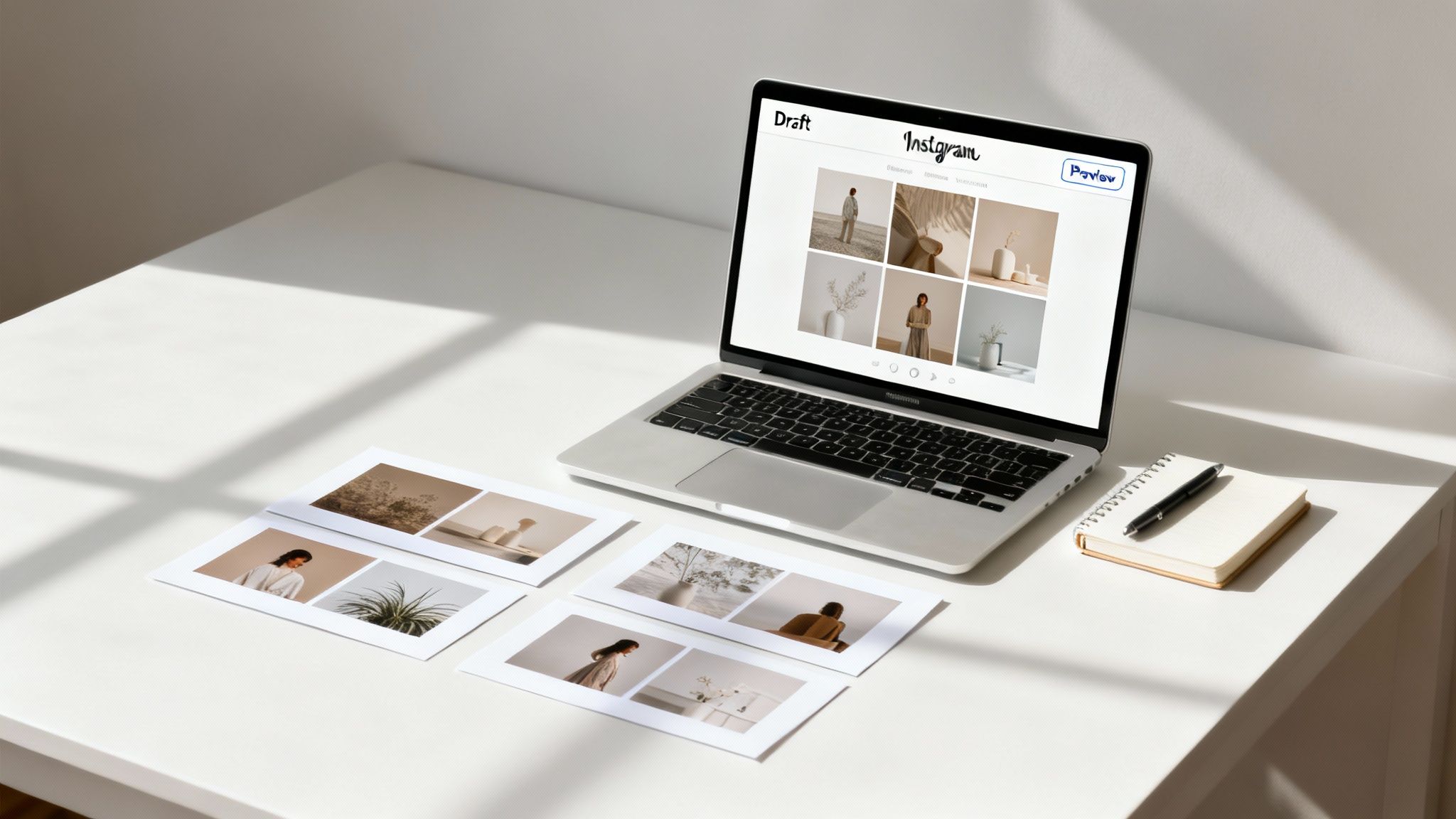 A laptop displays an Instagram draft of photos on a clean white desk with printed images, a notebook, and pen.