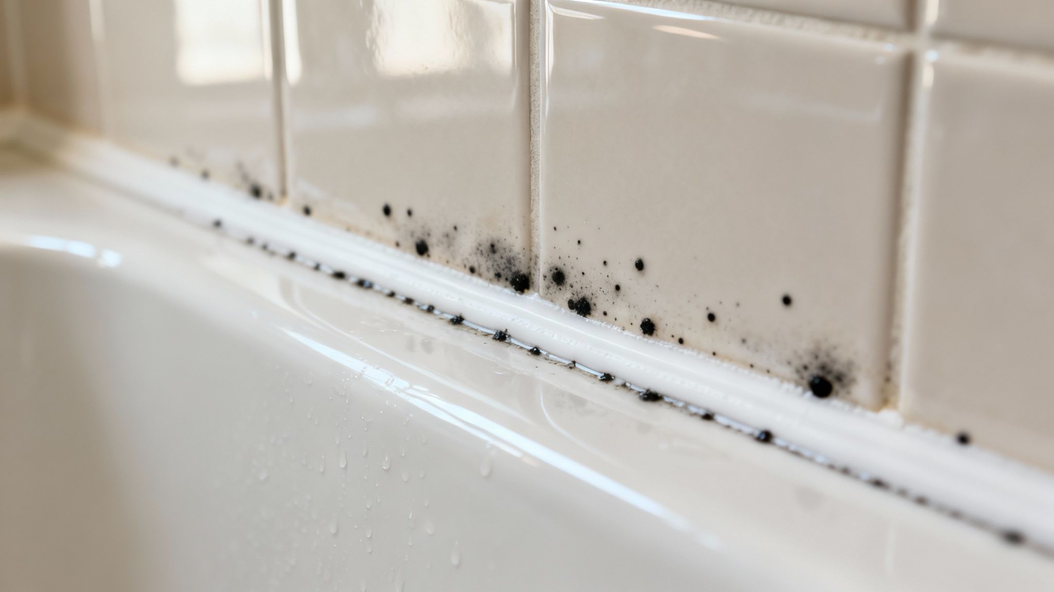 Close-up of black mold growing on white silicone caulk and beige tiles in a bathtub area.