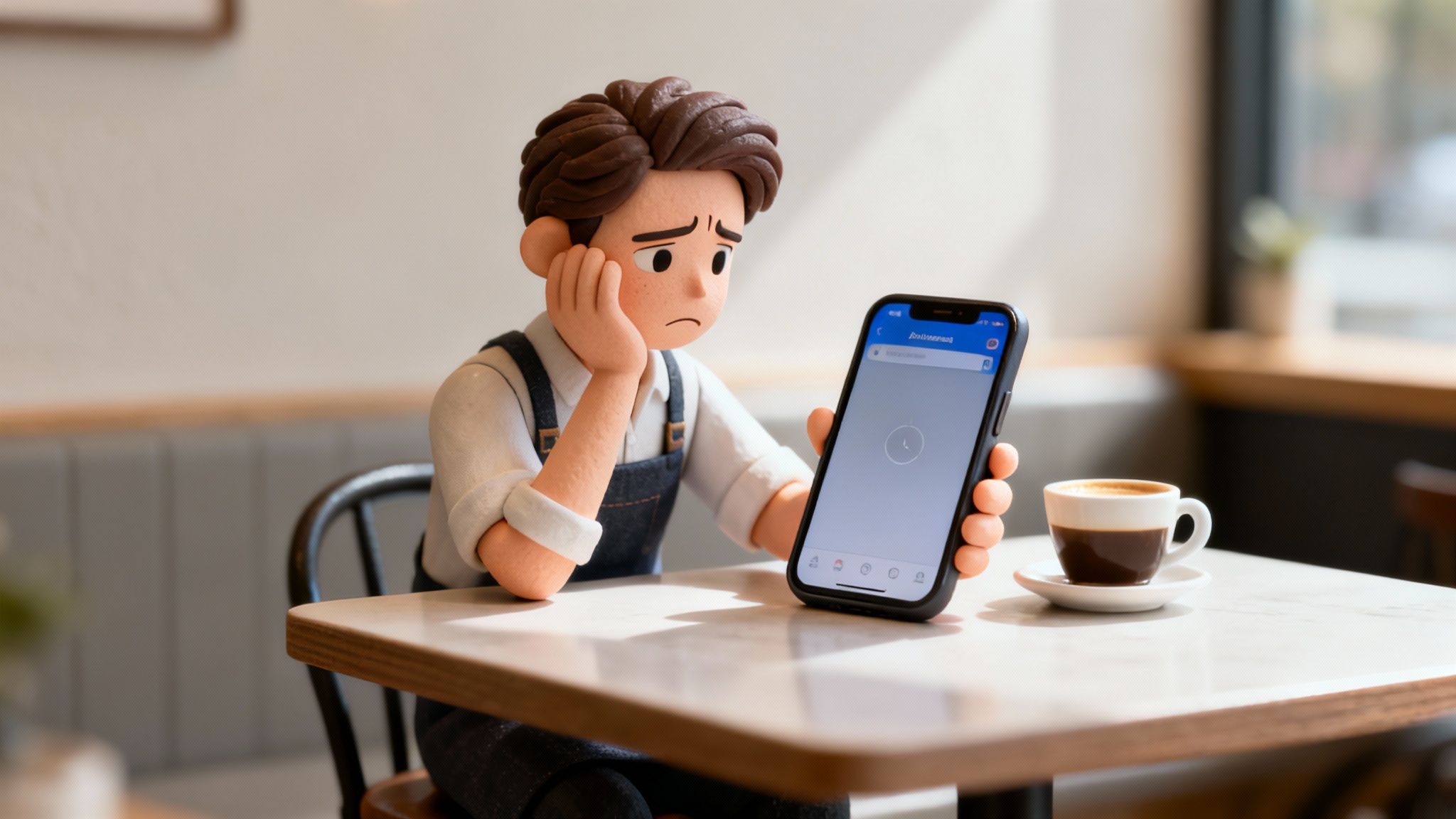 Sad cartoon character in a cafe looking at a phone showing a loading animation, next to a coffee cup.