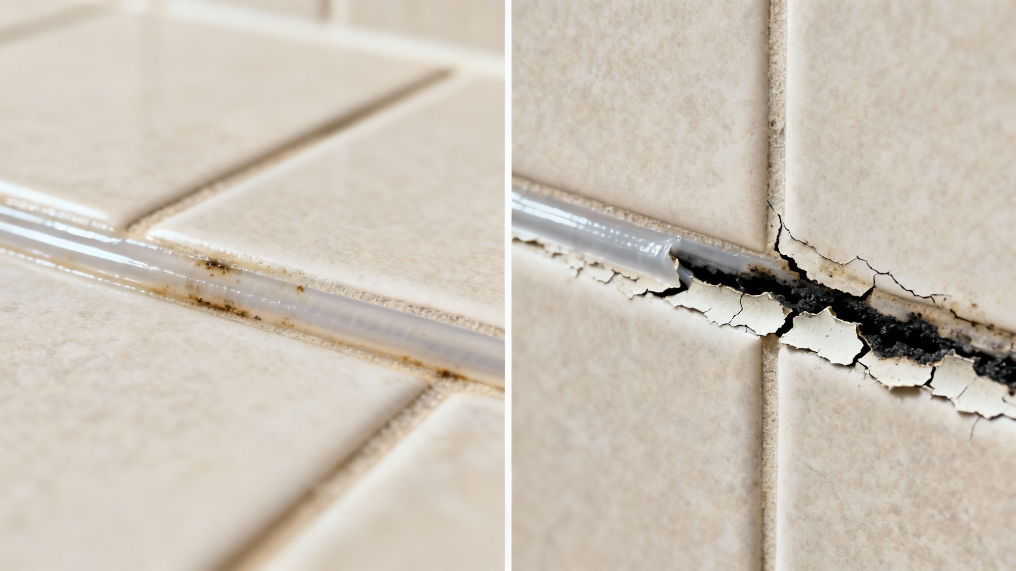 Cracked and peeling silicone sealant in a shower corner.