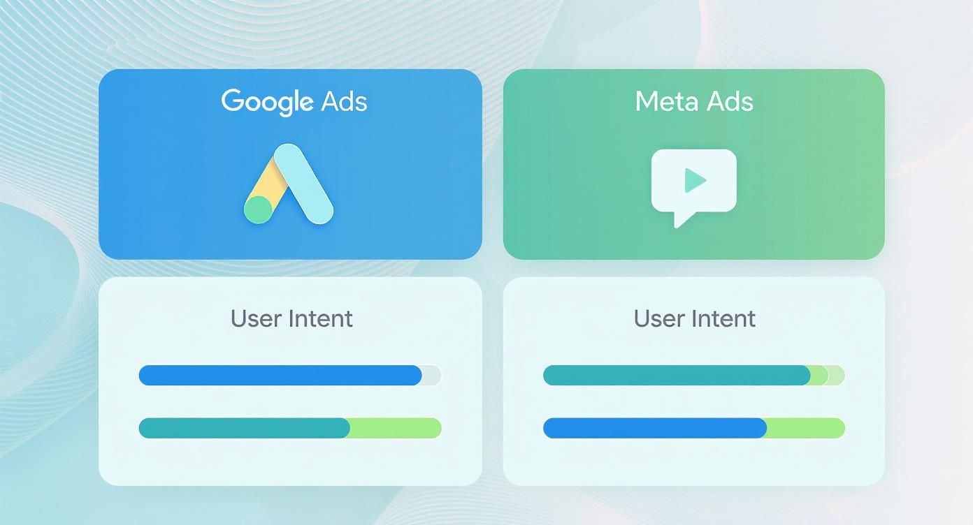Comparison infographic showing Google Ads and Meta Ads platforms with user intent targeting visualization bars