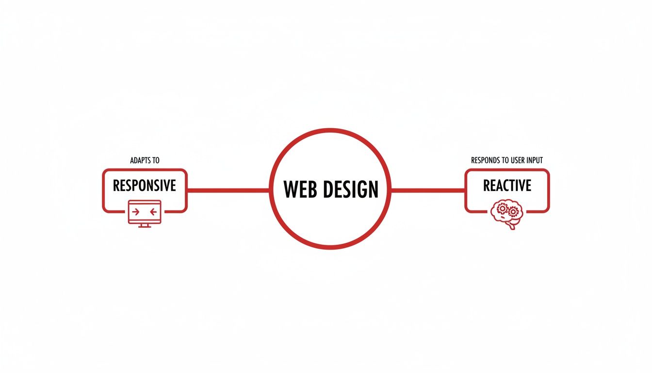 A diagram explaining web design with responsive (adapts) and reactive (responds to user input) characteristics.