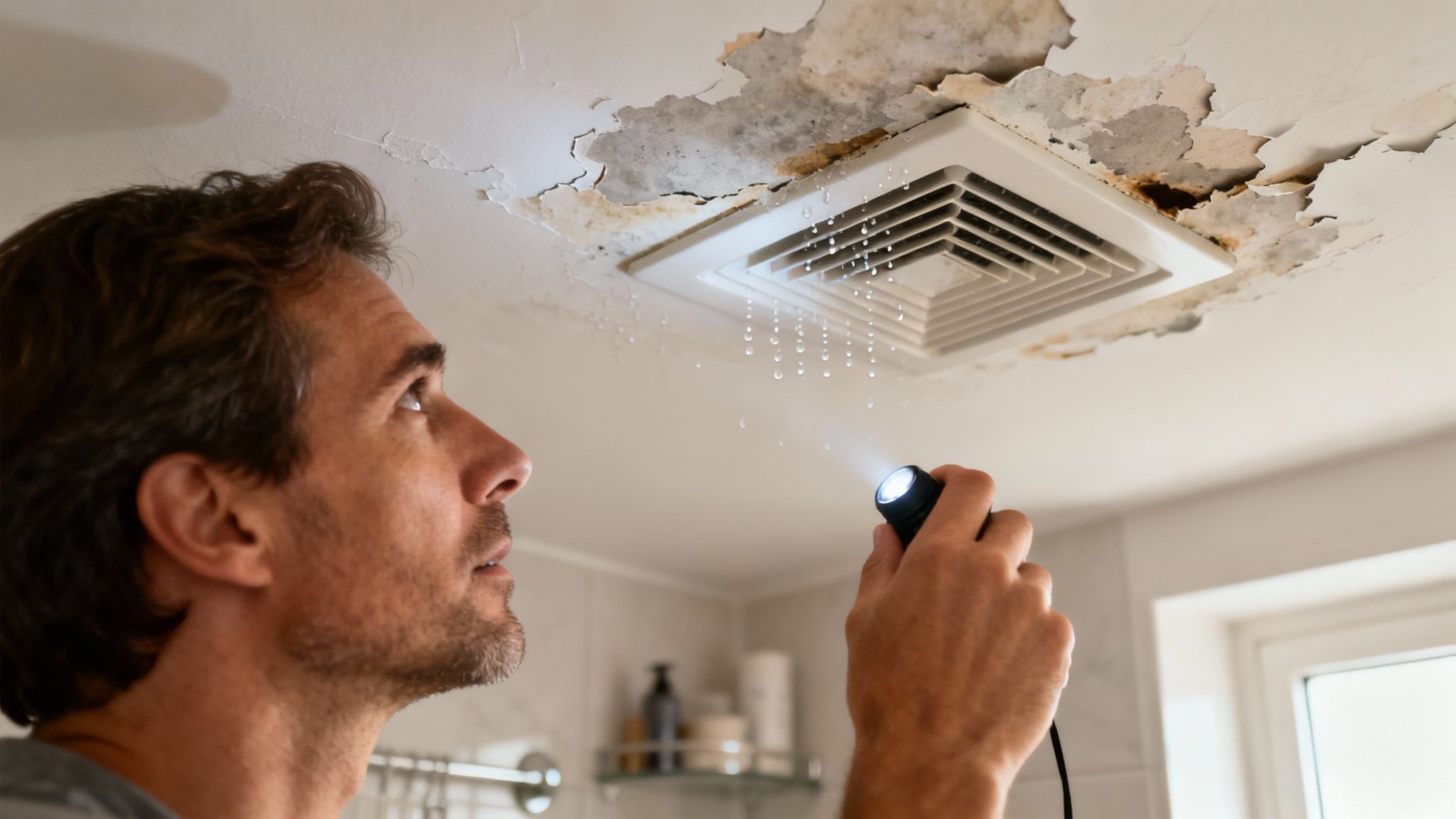 A close-up of dark mould spots on a white bathroom ceiling.