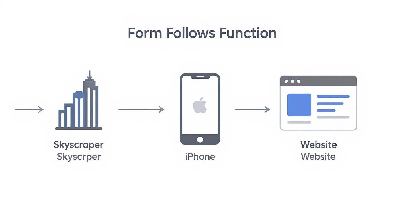 A diagram illustrating the 'Form Follows Function' principle with icons for a skyscraper, an iPhone, and a website.