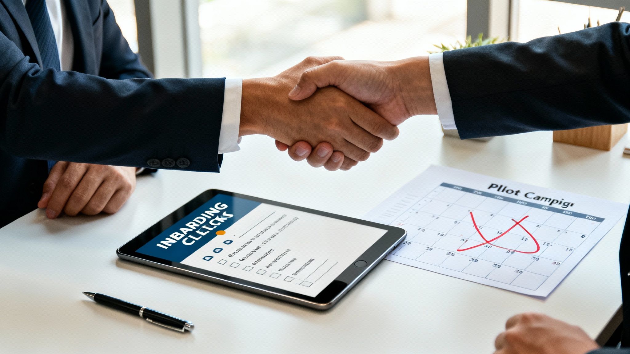 Two businessmen shaking hands over a tablet displaying an onboarding checklist and a campaign calendar.