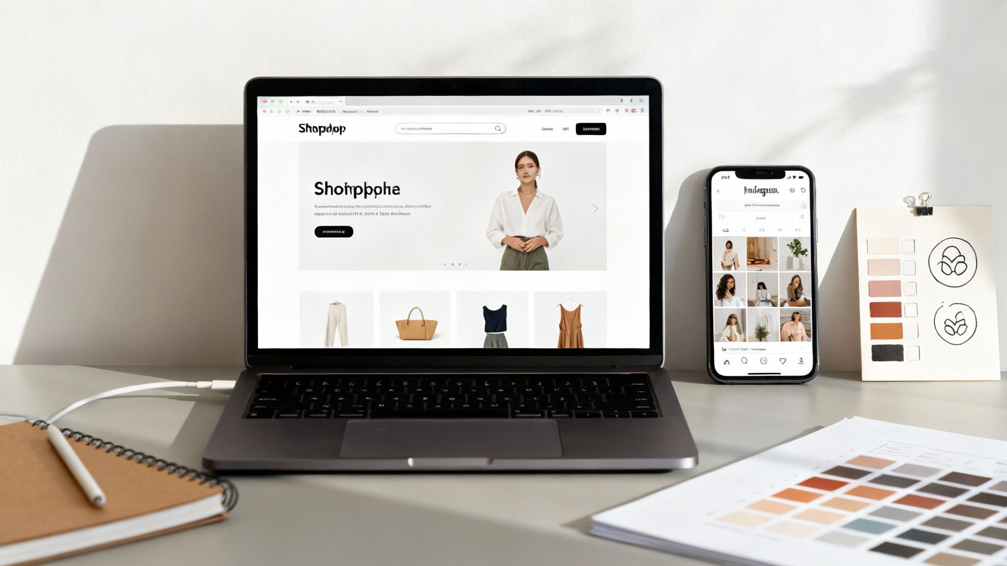 Woman surrounded by colourful clothing items on racks