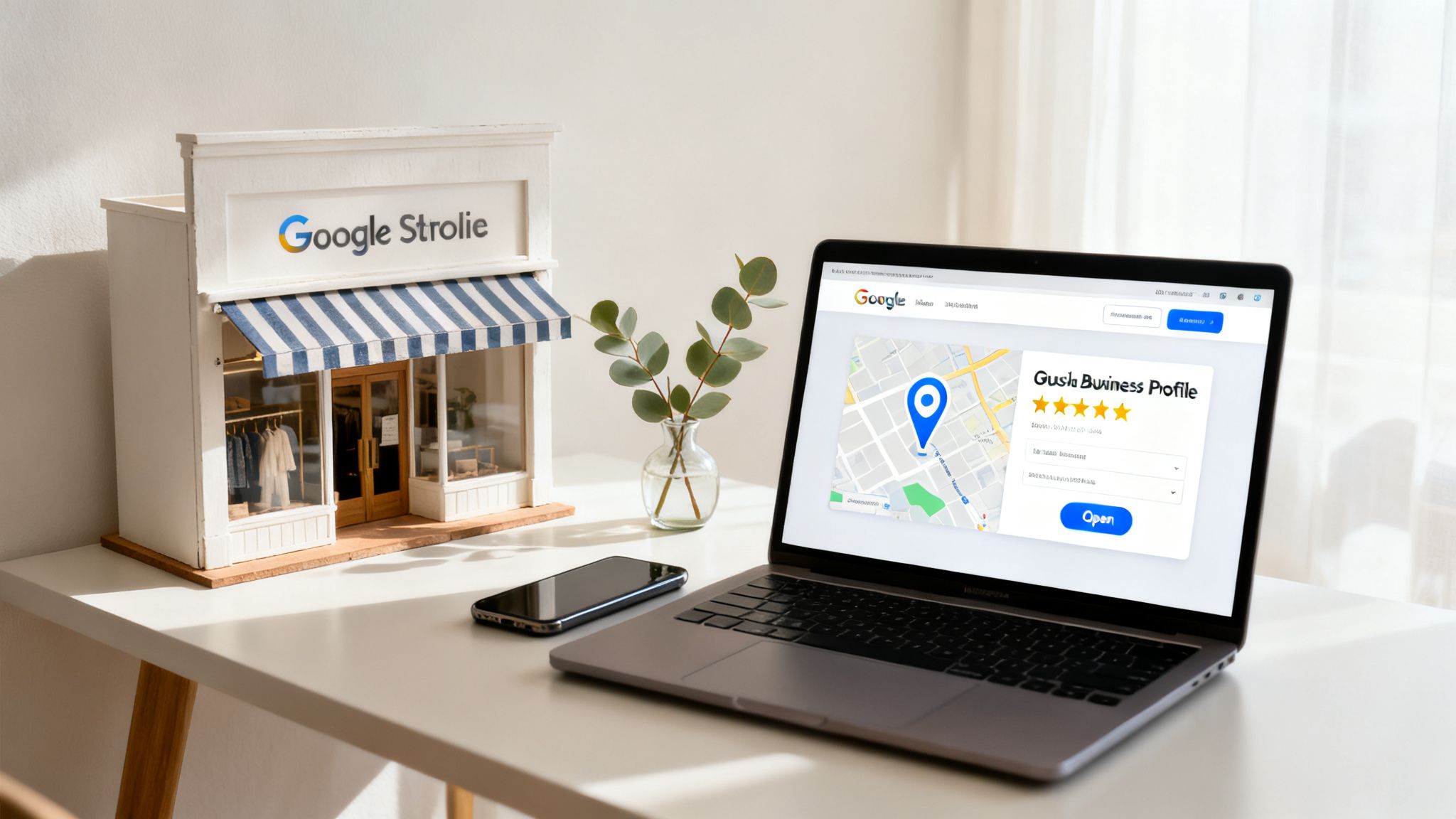 A miniature Google Strolie store and a laptop displaying a Google Business Profile, representing a local business setup.