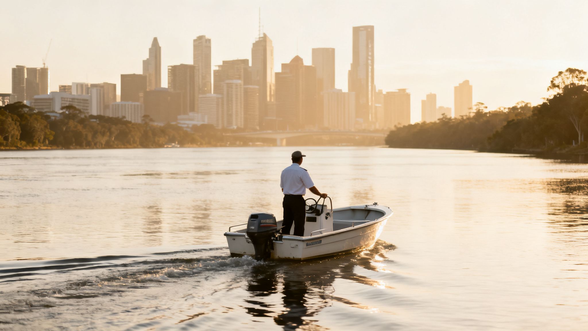 A person in a boat on a river, looking towards a golden city skyline at sunrise.