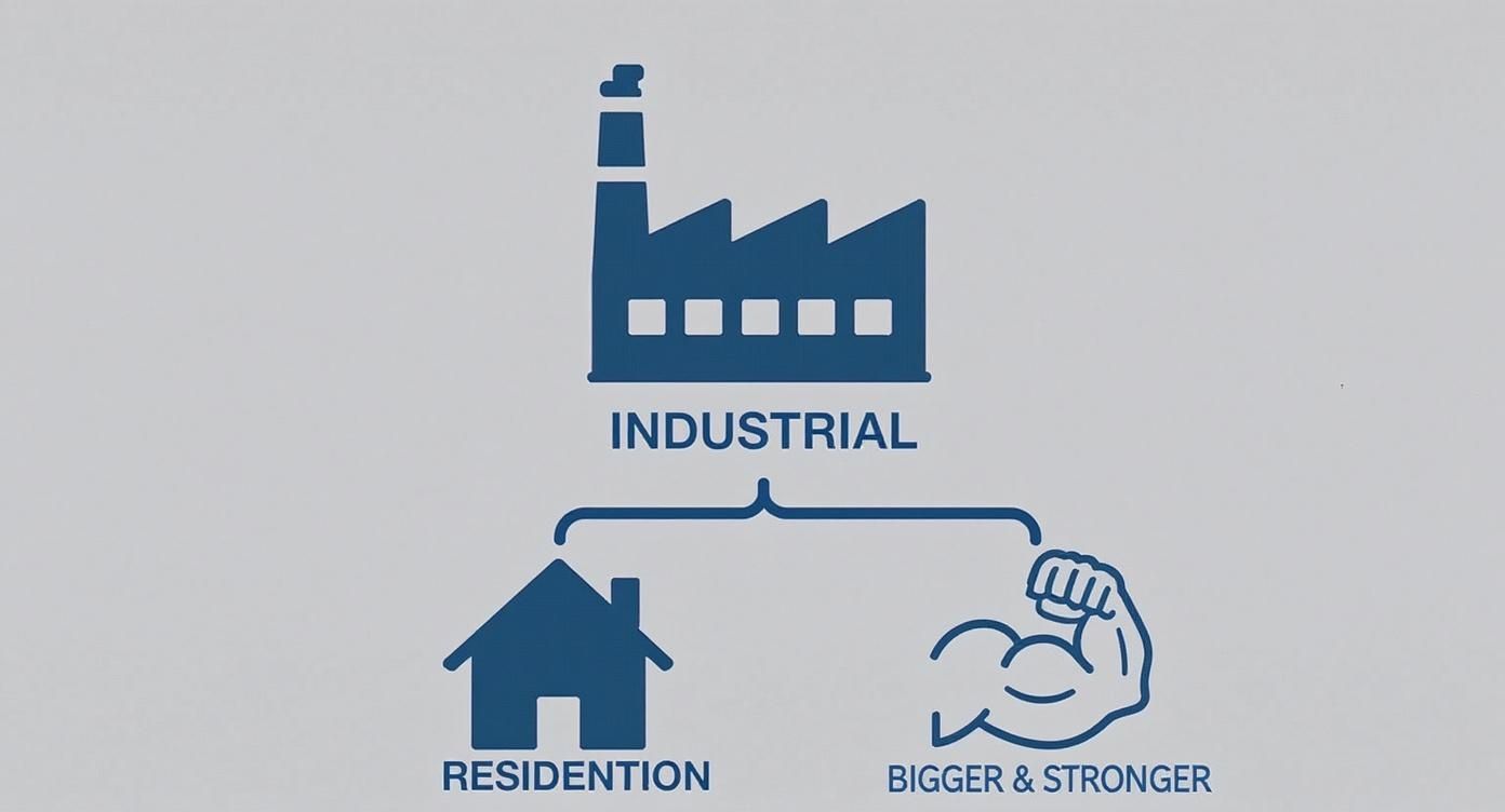 Infographic with industrial factory icon, text 'INDUSTRIAL', branching to 'RESIDENTION' house and 'BIGGER & STRONGER' bicep.