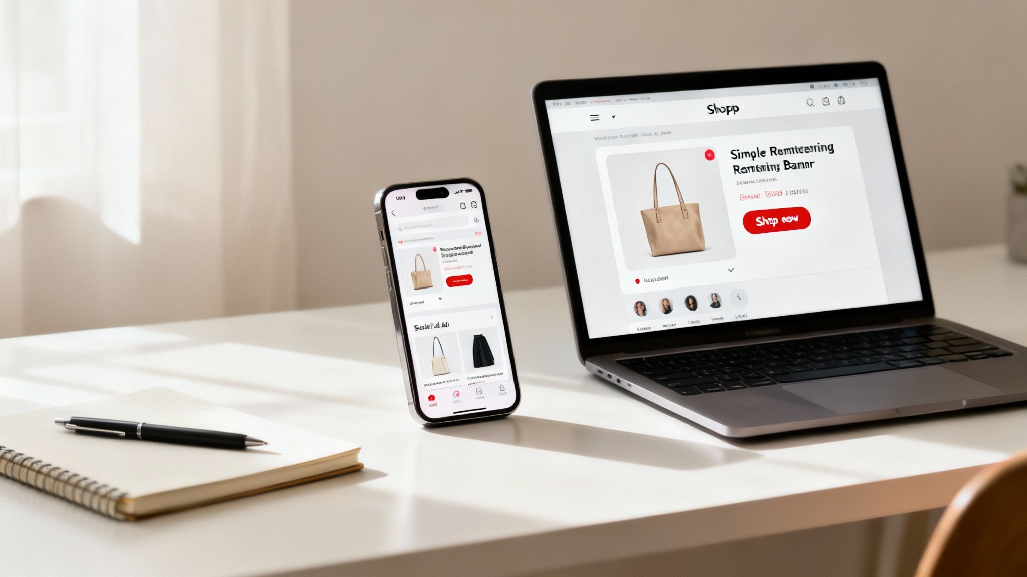 Laptop and smartphone on a desk showcasing a digital marketing e-commerce website with a tote bag.