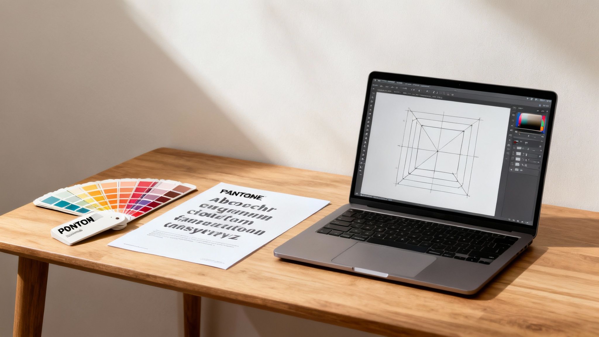 A designer at a desk, surrounded by colourful graphic design elements and web layout wireframes, illustrating the combination of graphic and web design skills.