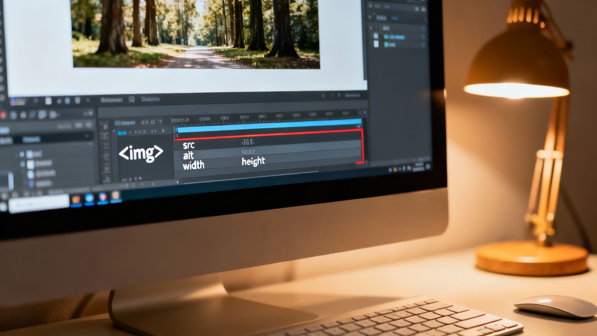 Computer screen displaying an image of a forest path and HTML code for an <img> tag.