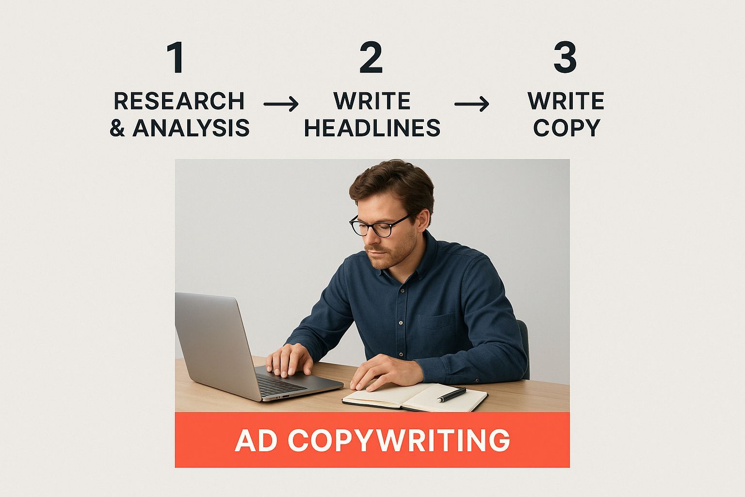 A copywriter at a desk with a laptop, a notebook, and text overlay reading 'Ad Copywriting'.