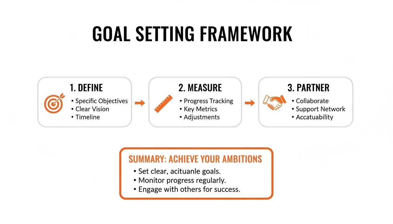 A goal setting framework with three steps: define, measure, and partner, along with a summary.
