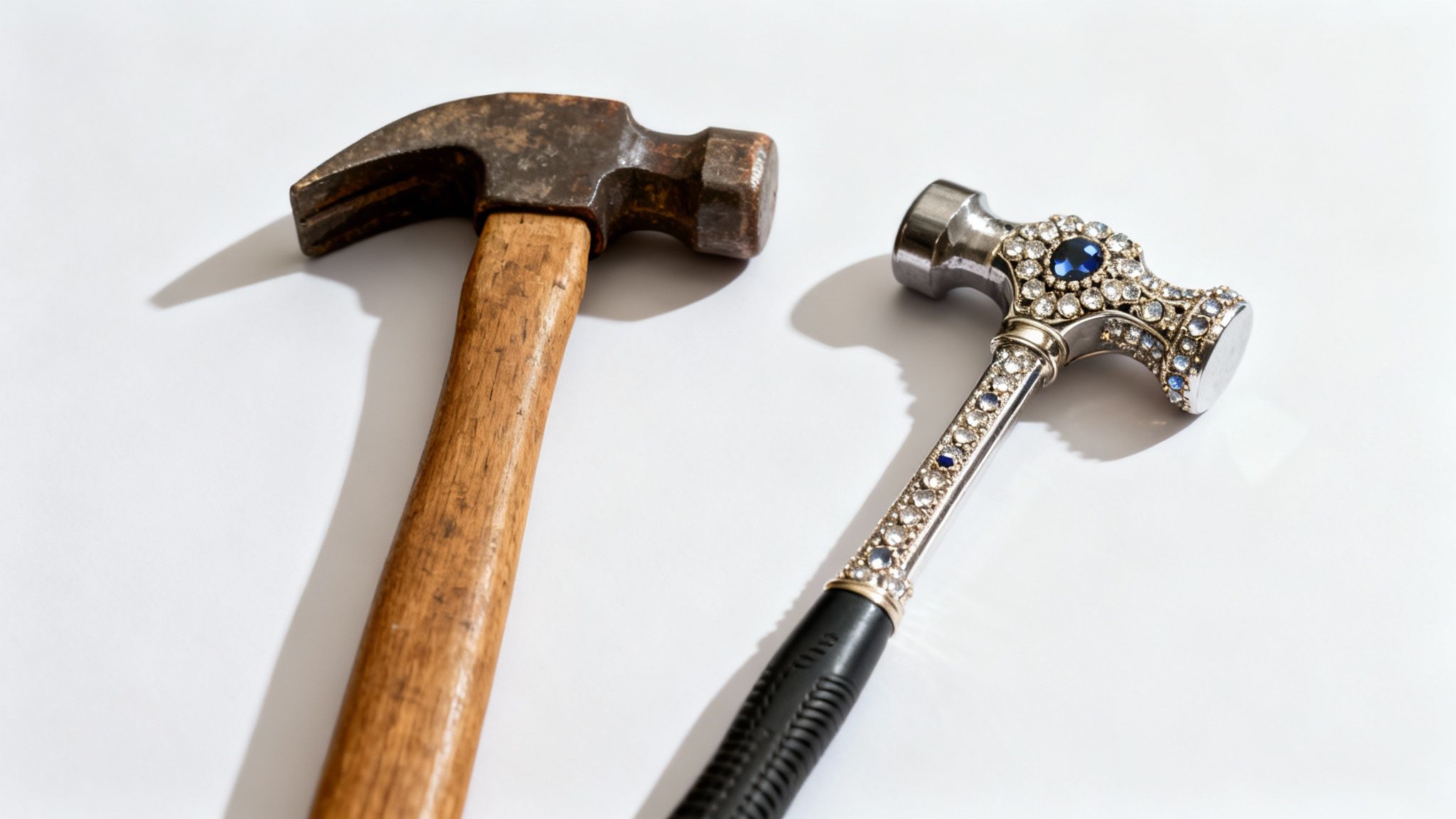Two hammers, one rustic and worn, the other new and encrusted with dazzling gemstones.