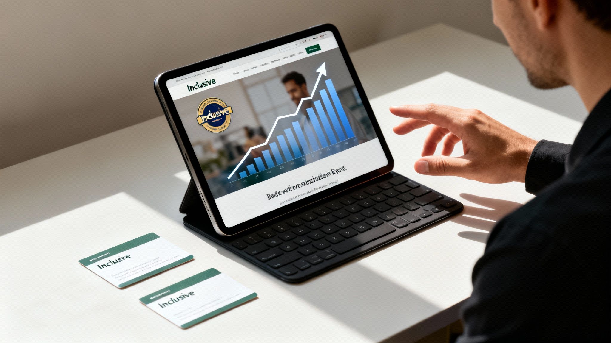 A man views a tablet displaying a website with a growth chart and 'Inclusive' branding, with business cards on the desk.