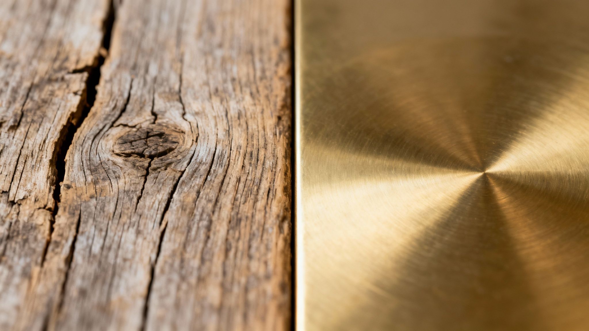 Close-up of weathered wooden surface next to a shiny, brushed brass metallic surface.