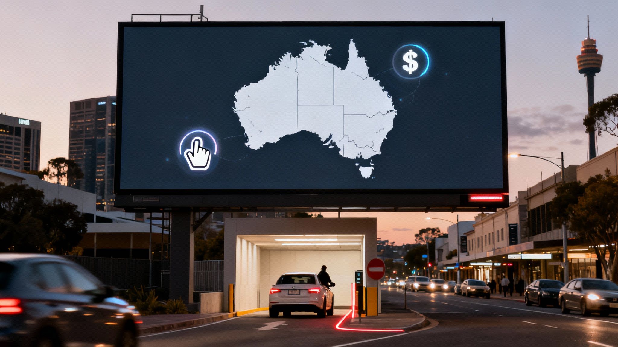 Digital billboard displaying Australia map with click and dollar icons above city street at dusk
