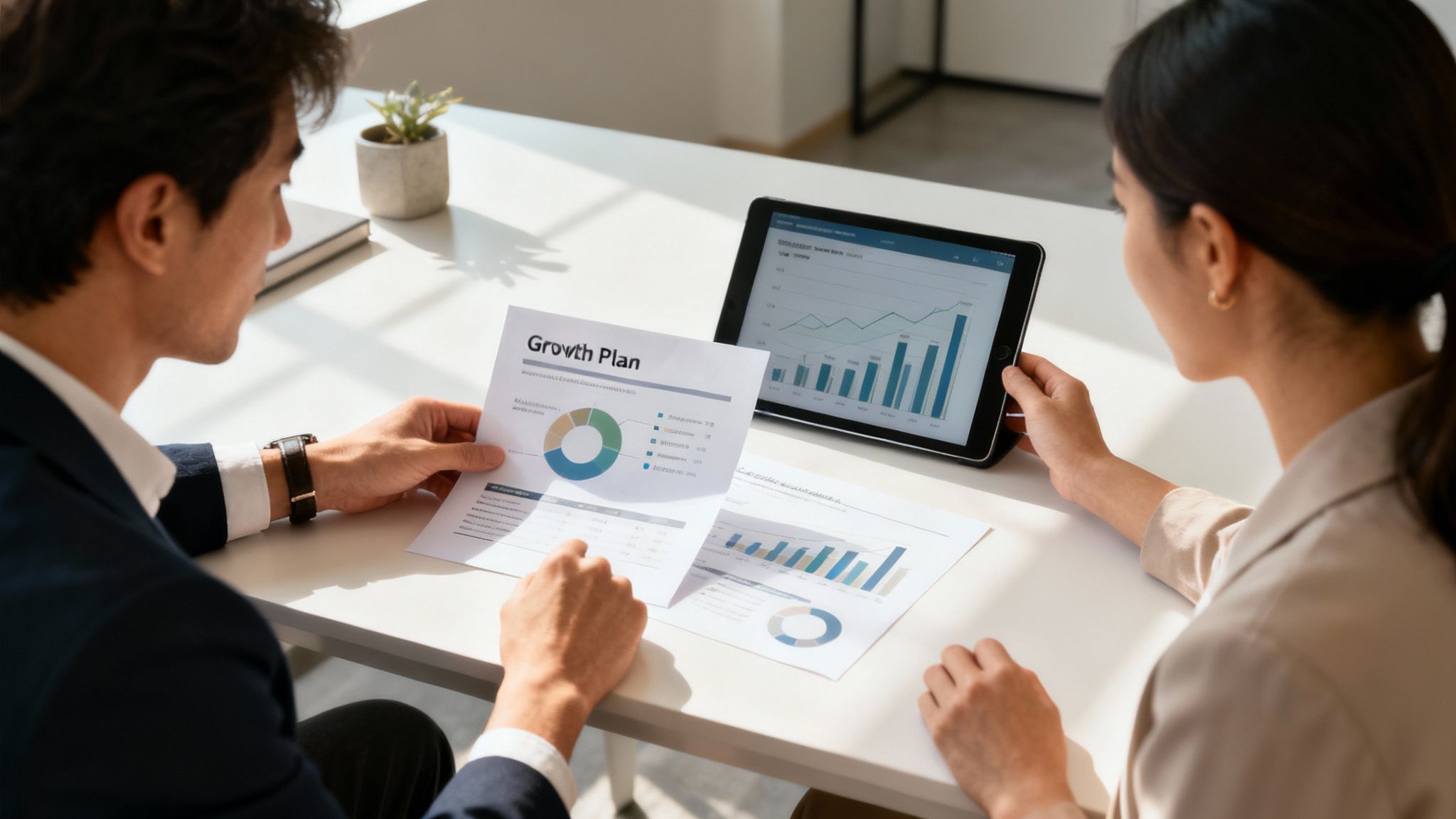 A team of marketing professionals collaborating around a computer screen, analysing data and charts.