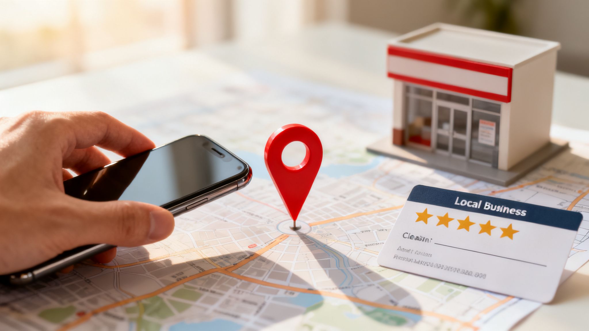 Hand holding smartphone over a map, with a red location pin, miniature business, and 5-star review card.