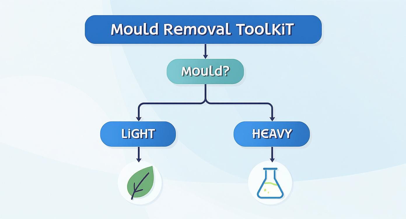 Infographic showing a decision tree for mould removal, starting with assessing severity, then branching to natural or chemical methods.