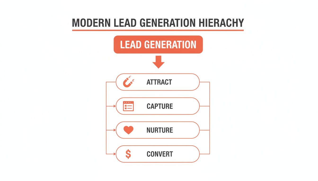 Diagram of modern lead generation hierarchy: Attract, Capture, Nurture, Convert steps.