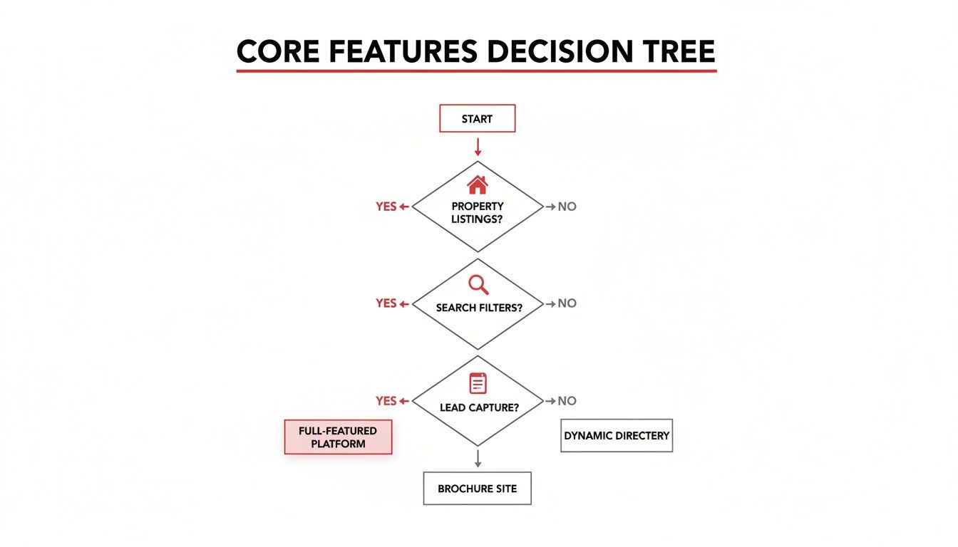Decision tree illustrating core web features for real estate, guiding choices to different platform types.