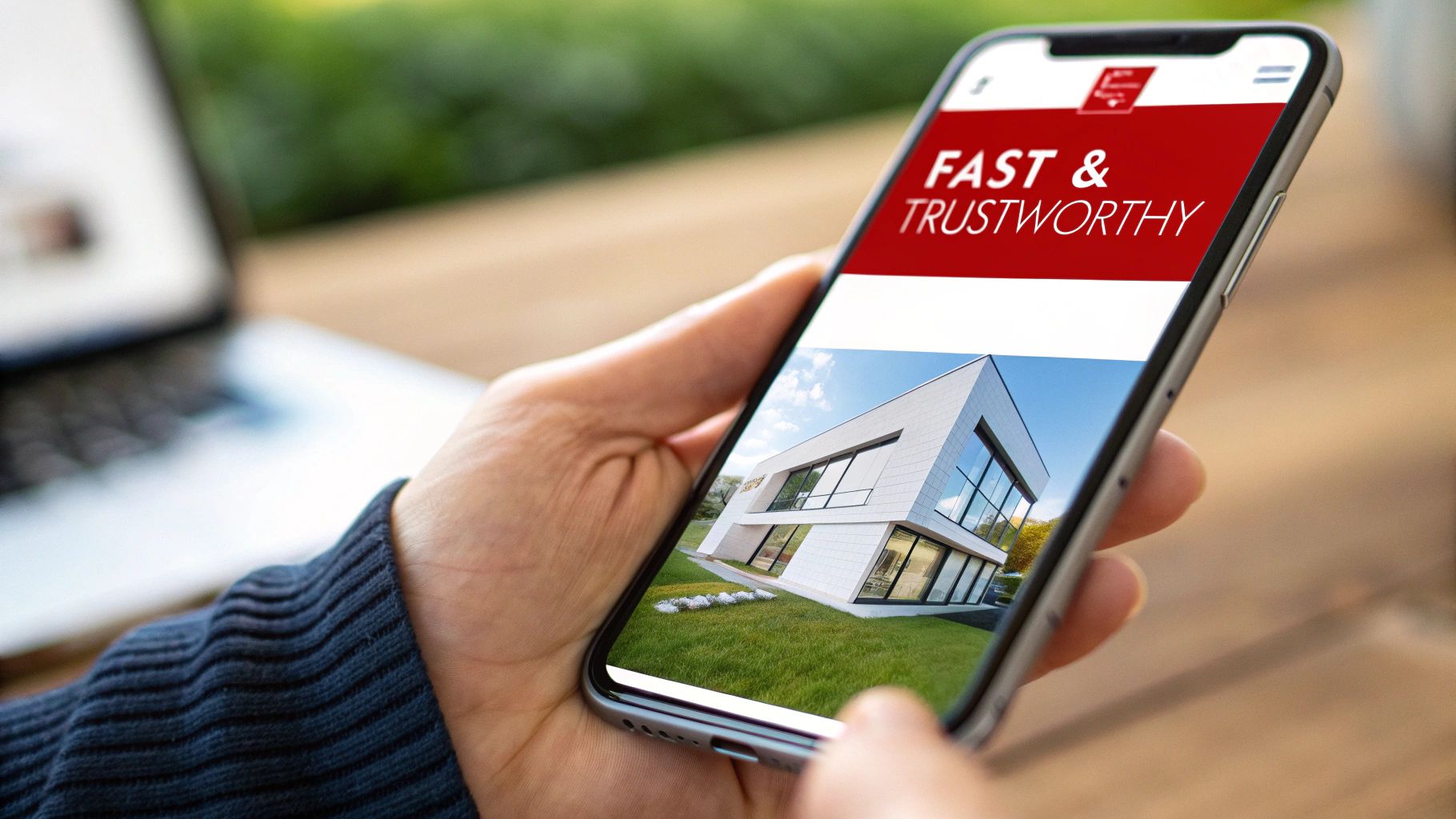 A sleek, modern real estate website on a laptop screen