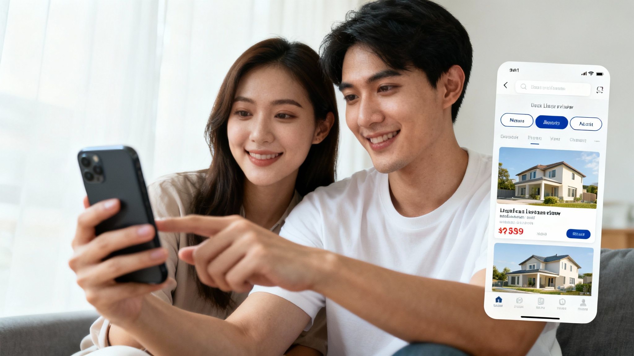 A person using their phone to browse a real estate website while sitting in a modern living room.