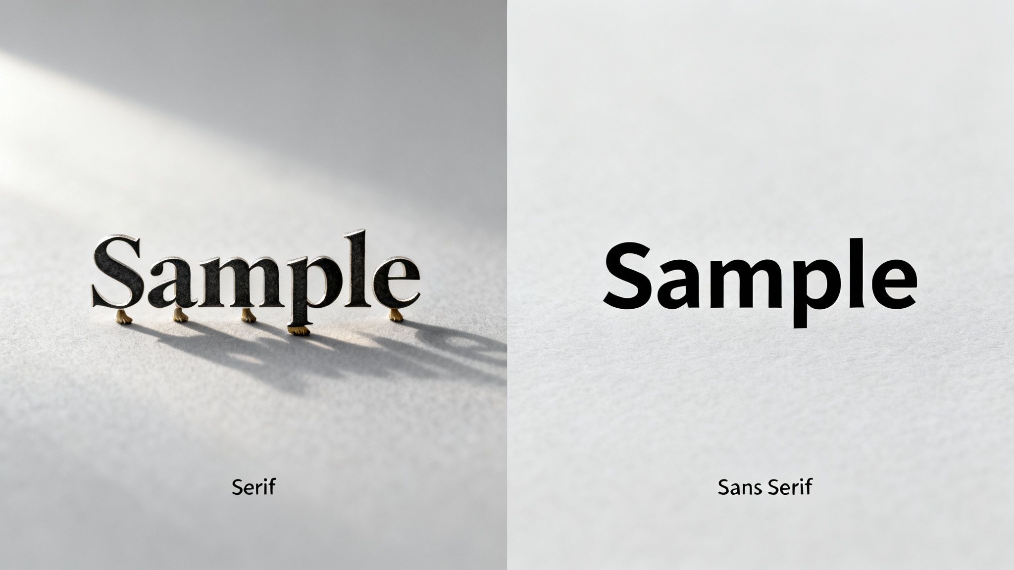 Side-by-side comparison of a serif font (3D letters) and a sans-serif font (flat text) spelling 'Sample'.