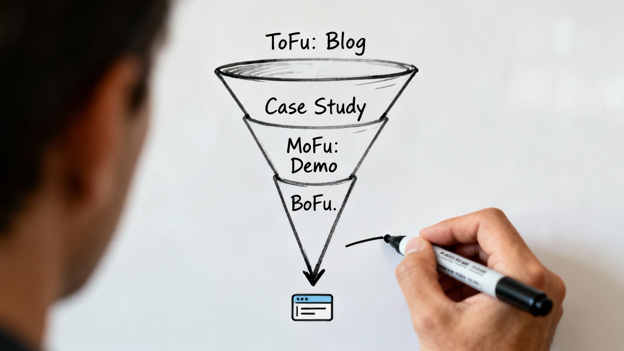 Hand drawing a multi-stage marketing funnel illustrating content types like blogs, case studies, and demos.