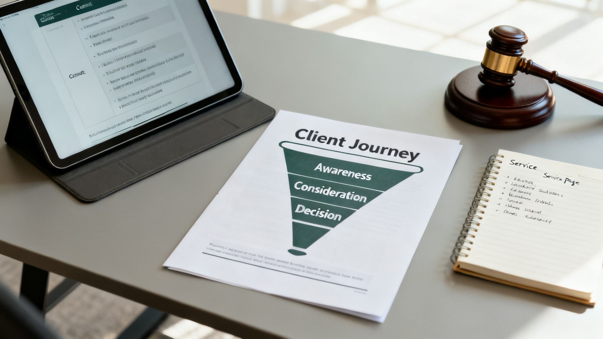 A desk setup featuring a tablet, a 'Client Journey' funnel document, a judge's gavel, and a notepad.