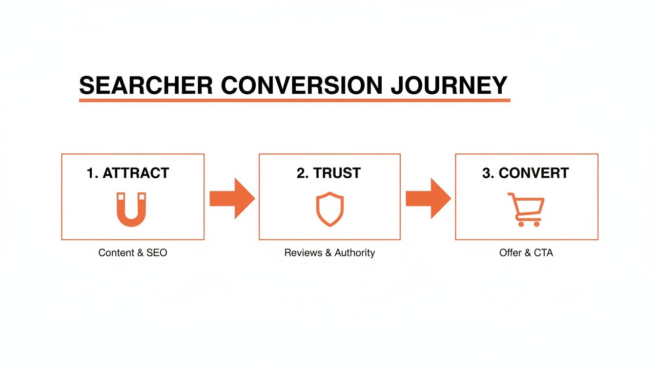 A diagram illustrating the searcher conversion journey with steps: attract (Content & SEO), trust (Reviews & Authority), and convert (Offer & CTA).