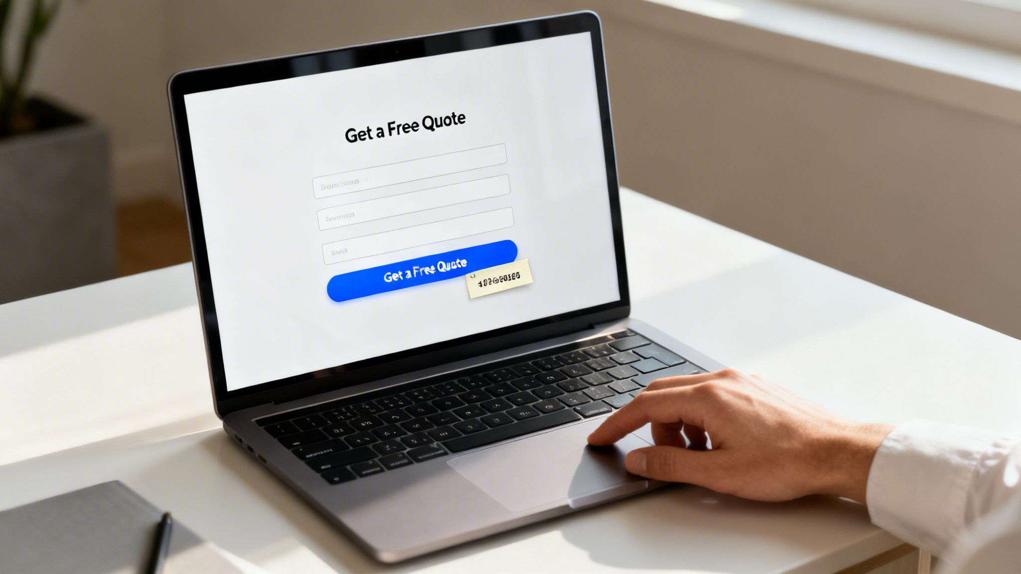 A person's hand on a laptop trackpad, displaying a 'Get a Free Quote' form with input fields on the screen.