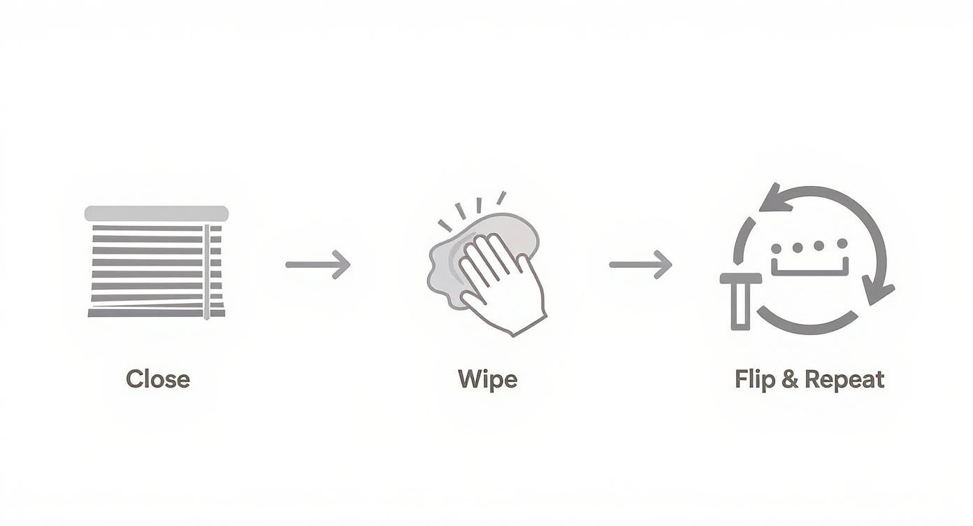 A diagram illustrating three steps to clean Venetian blinds: close, wipe, then flip and repeat.