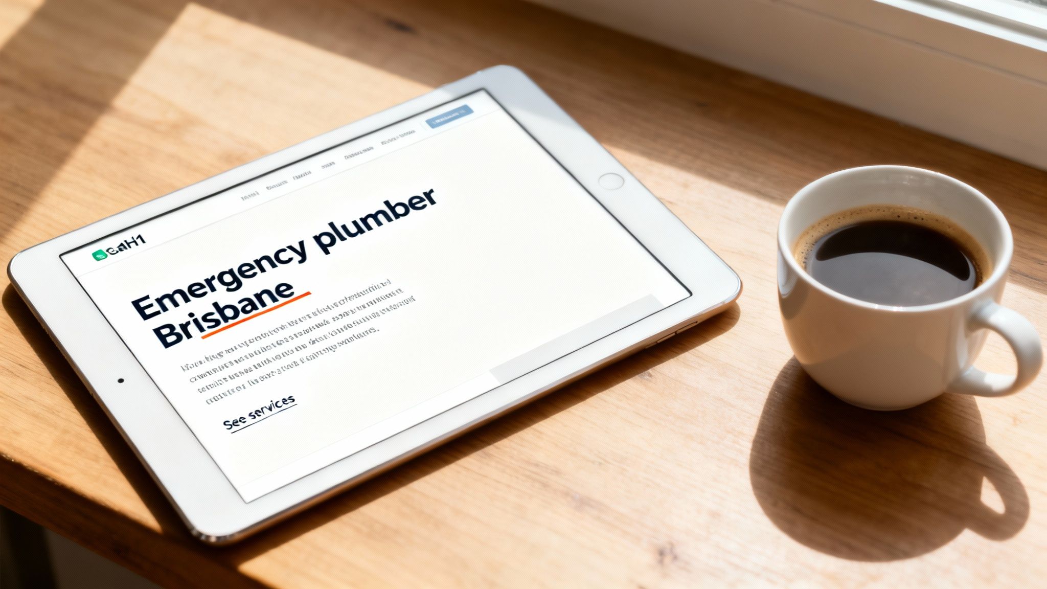 A white tablet on a wooden desk displays a website advertising emergency plumbing services in Brisbane, next to a coffee cup.