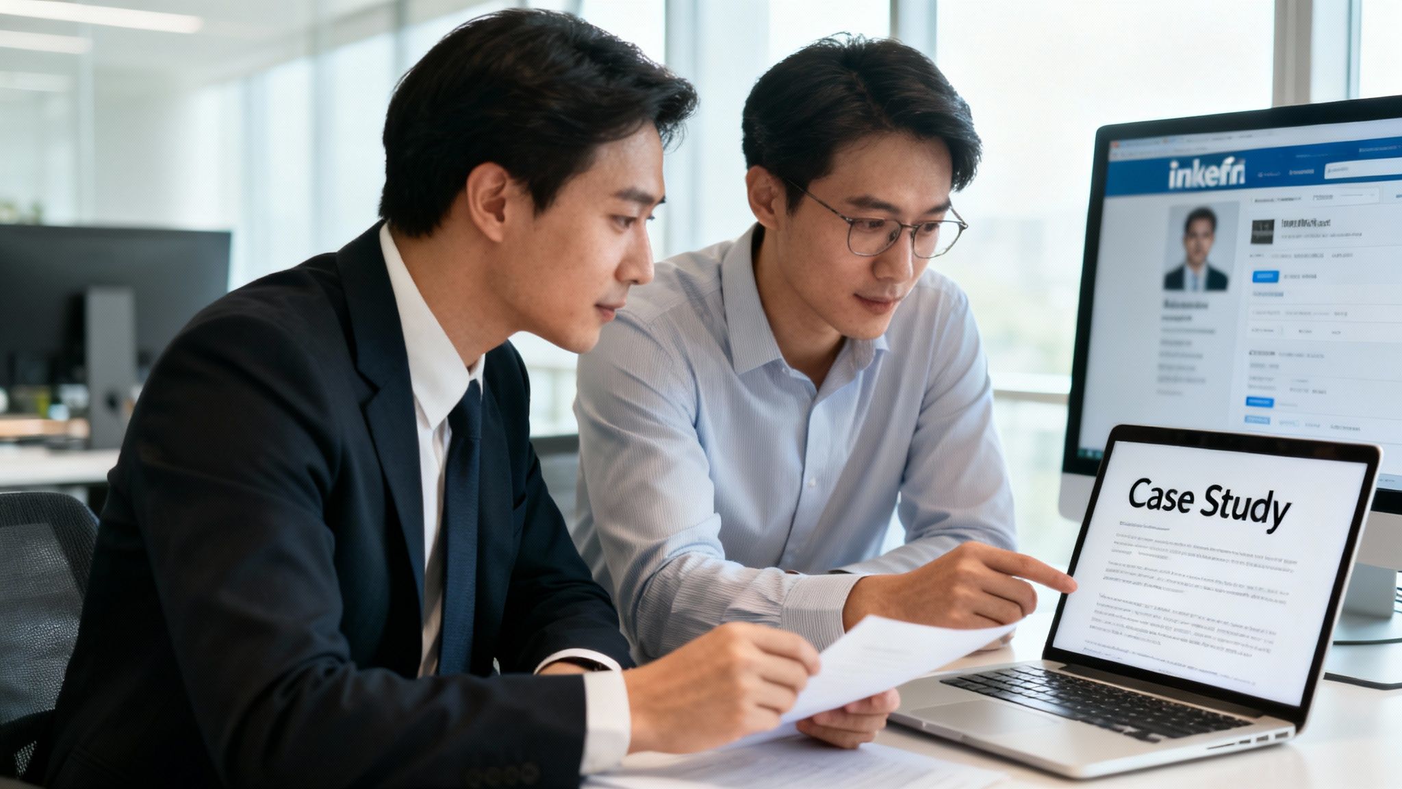Two male colleagues reviewing a digital case study on a laptop in a modern office environment.