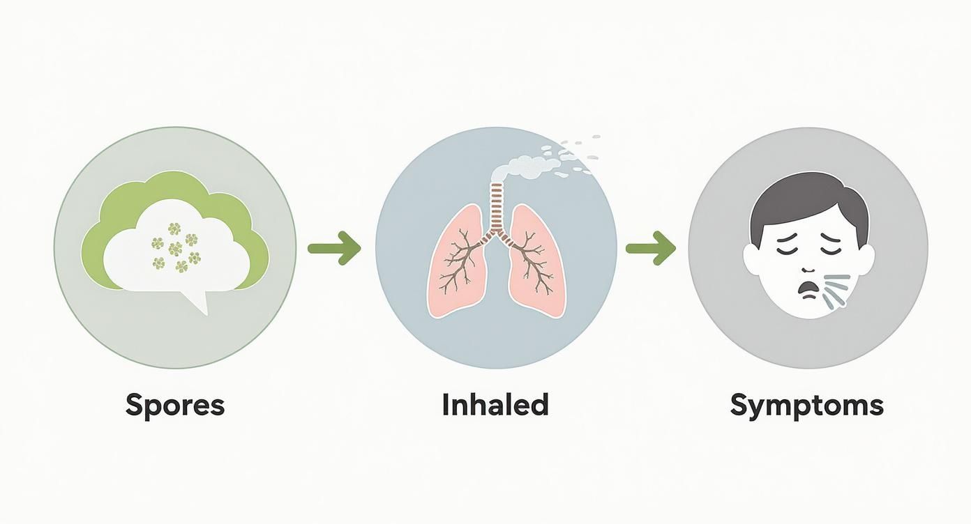 Infographic showing the process of mould spores being inhaled and causing symptoms.